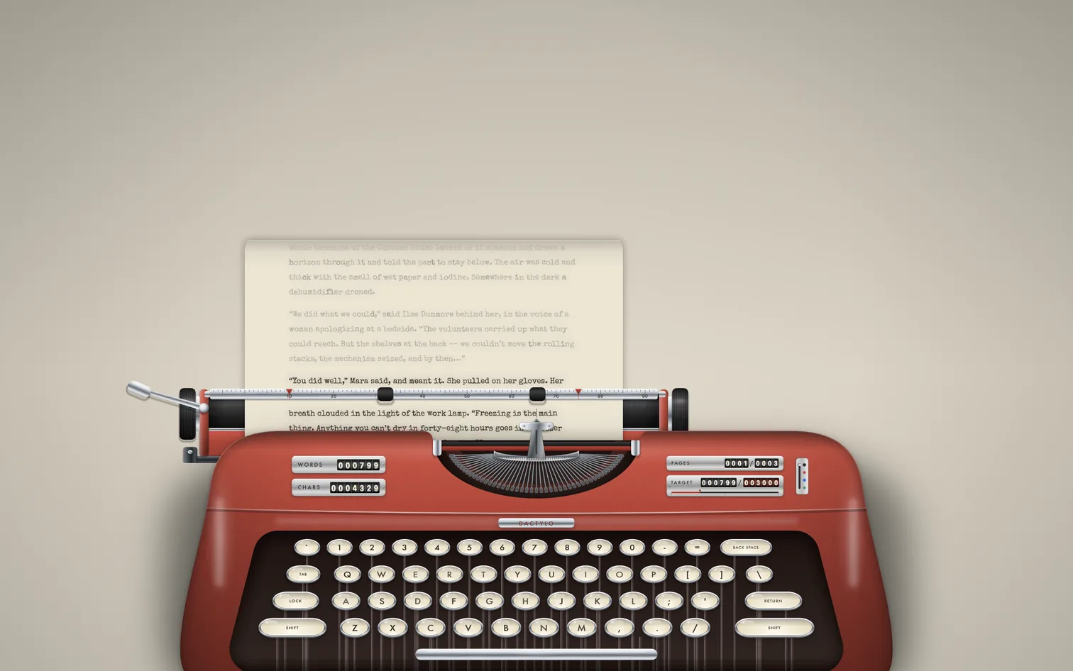 Dactylo: a page of the novel on a sheet of paper in the red Portable typewriter, with word, page and target counters on the machine