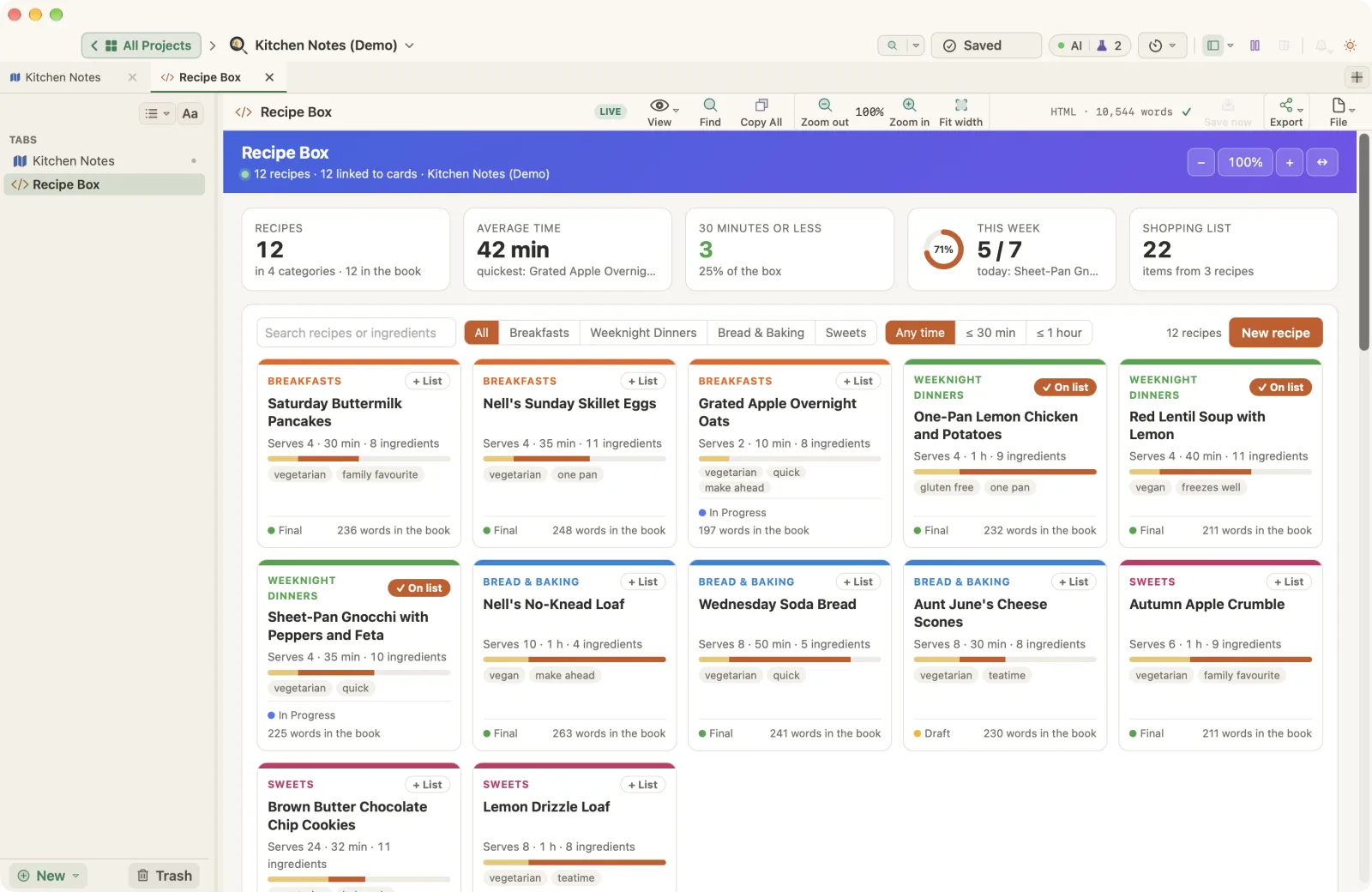 The Recipe Box Live Page in the Kitchen Notes demo project