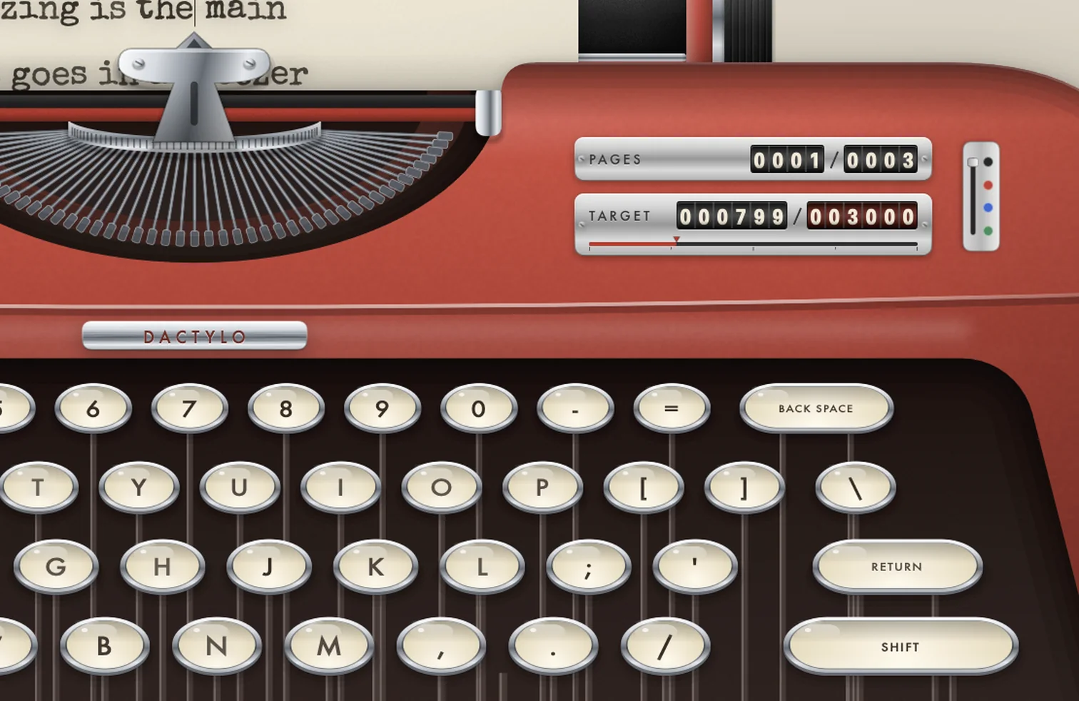 The counters on the machine's lid: pages 1 of 3 and the target, 799 of 3,000 words