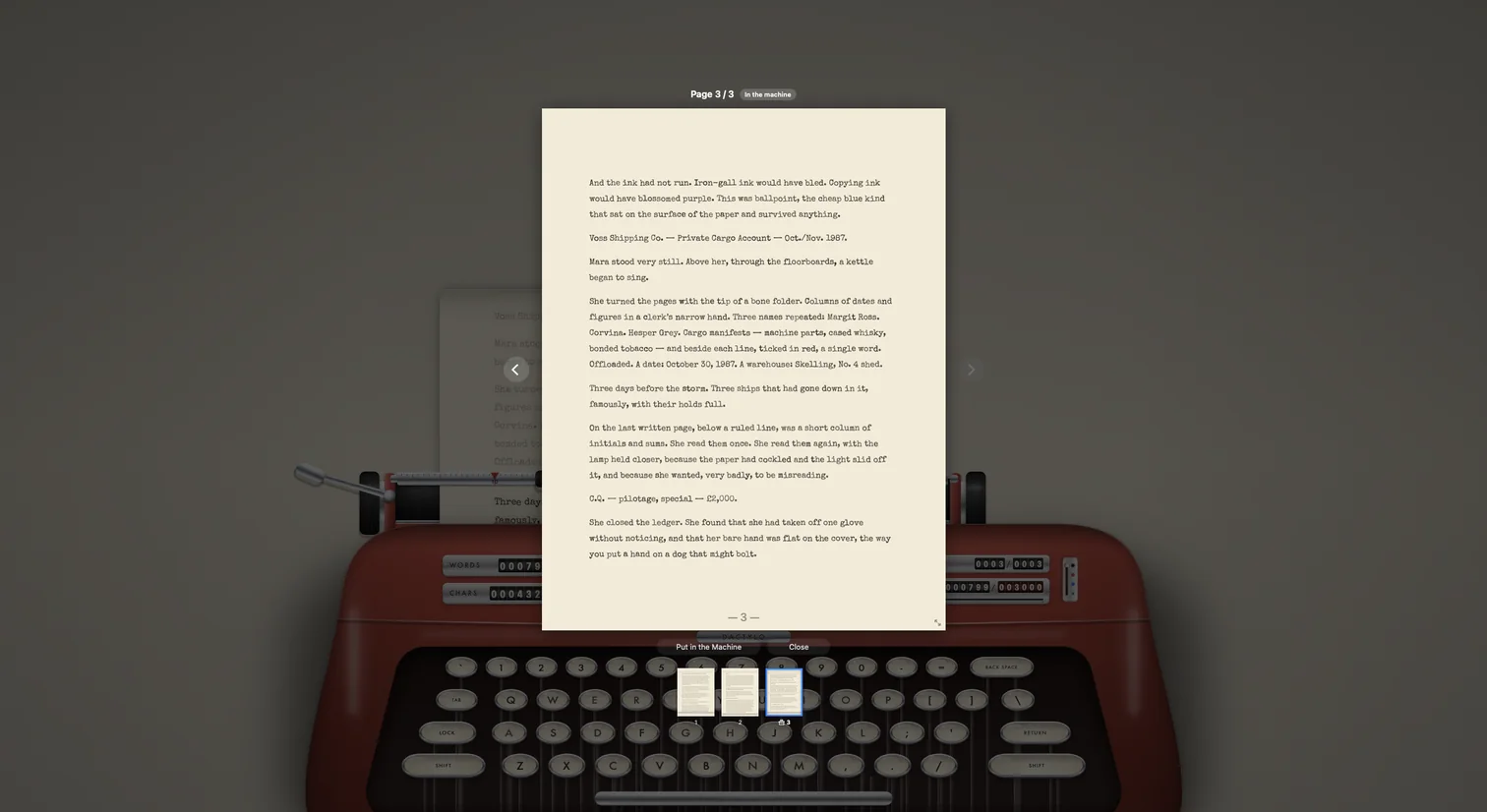 The page viewer: page 2 of 3 held up in front of the typewriter, with all pages in a strip below