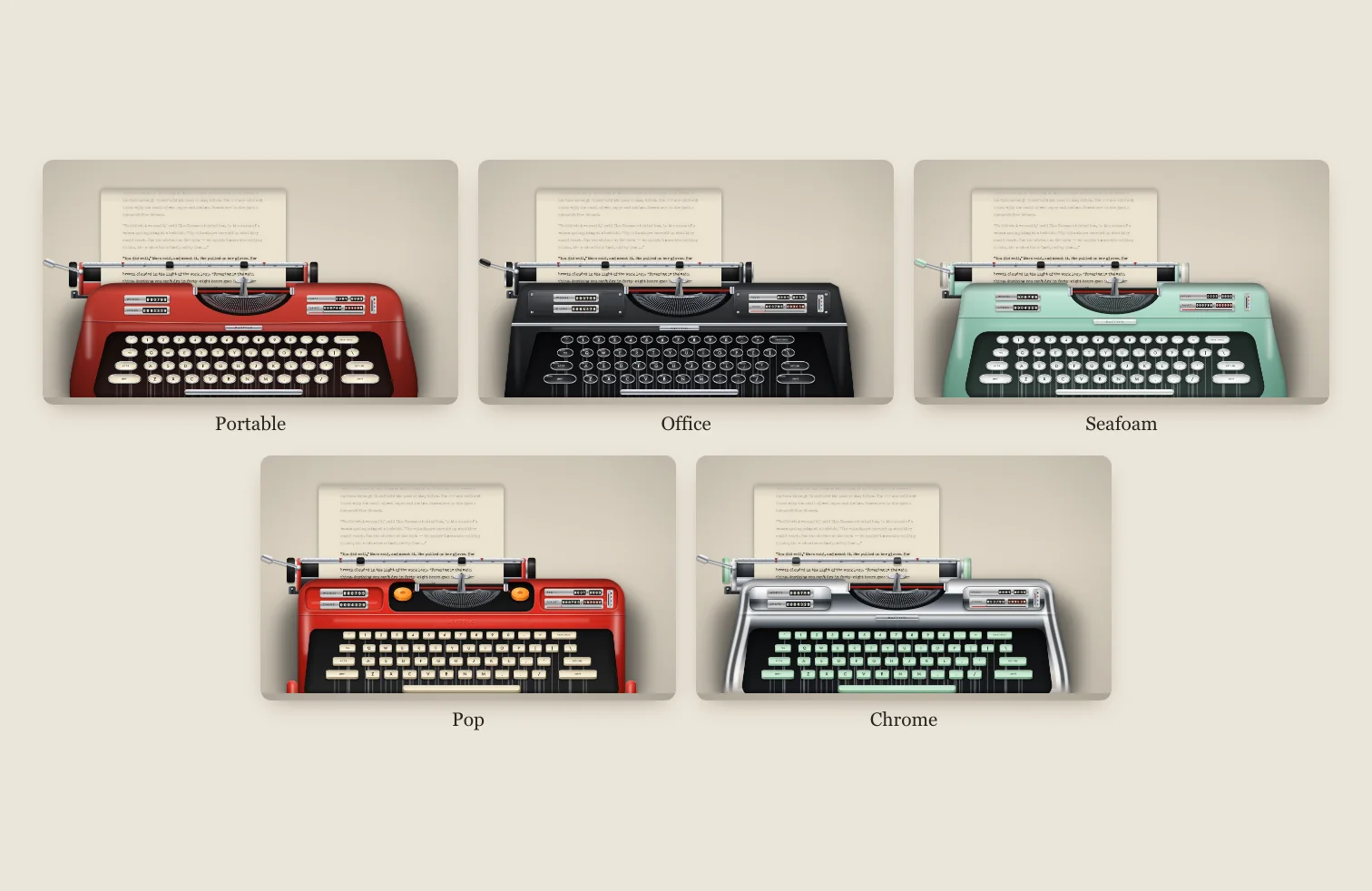 The five Dactylo machines with the same page: Portable, Office, Seafoam, Pop with ivory keys and Chrome with mint keys