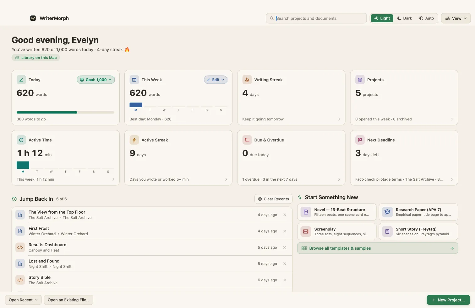 Screenshot: The Home screen in WriterMorph