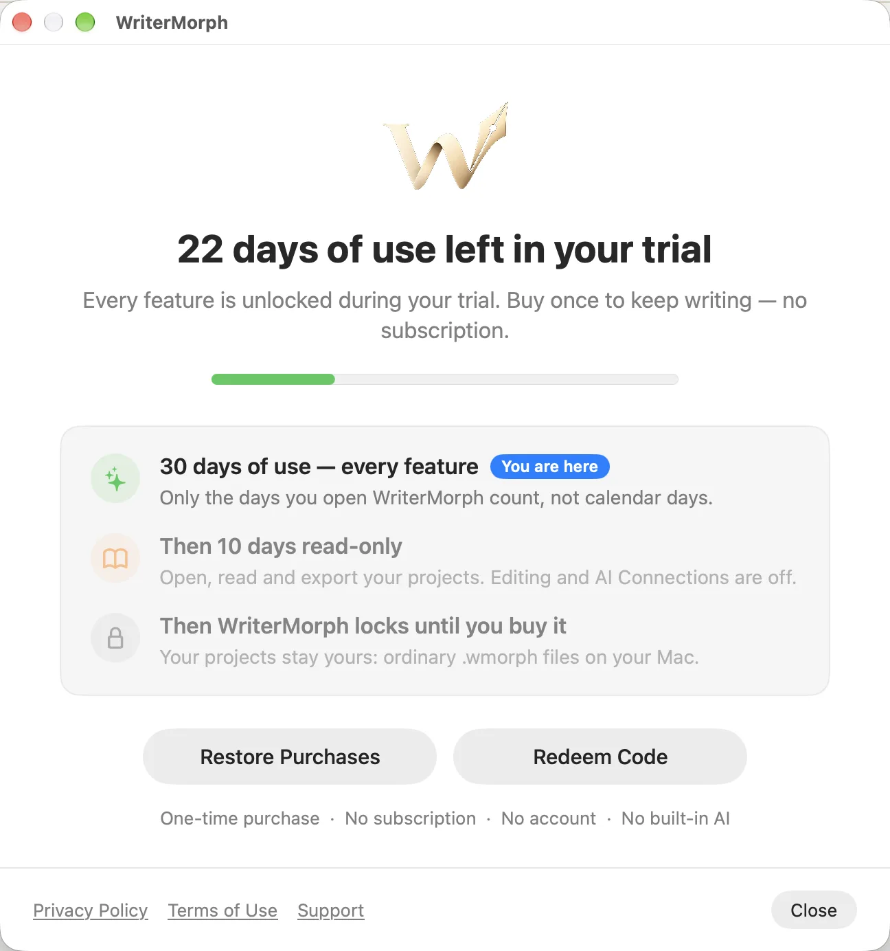 Screenshot: Free trial and purchase in WriterMorph