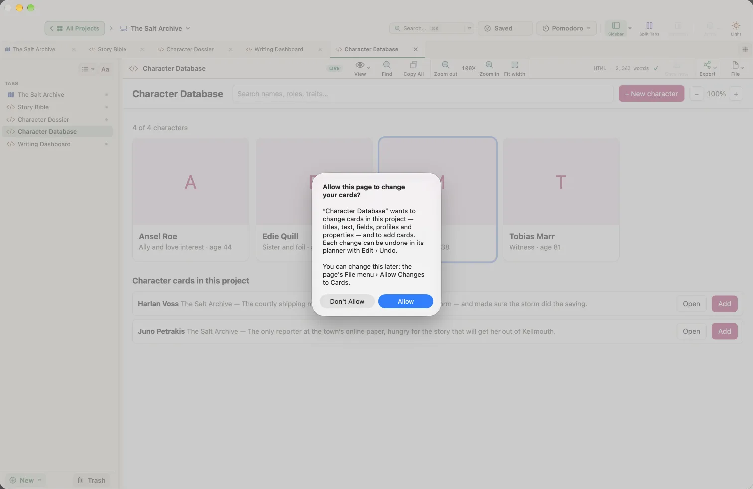 WriterMorph asks: Allow this page to change your cards?