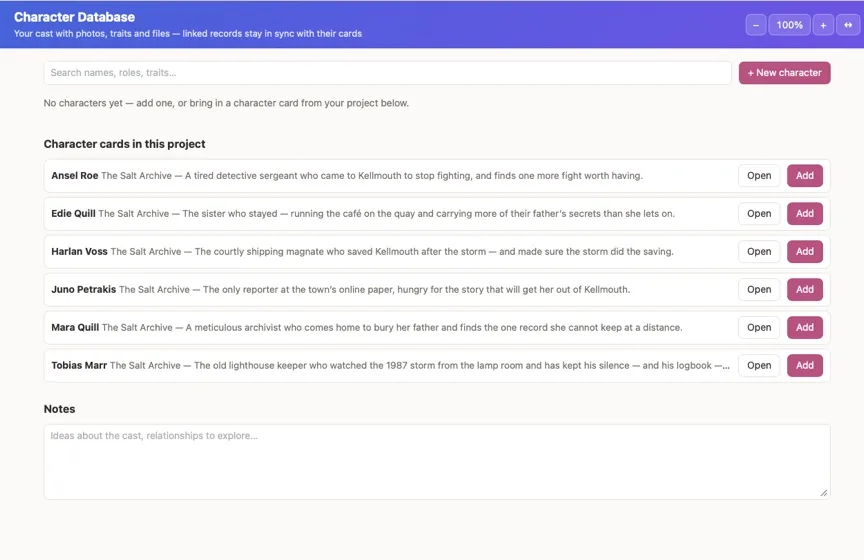 The Character Database Live Page