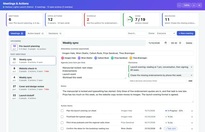 The Meetings & Actions Live Page