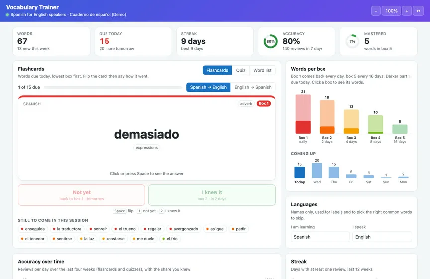 The Vocabulary Trainer Live Page