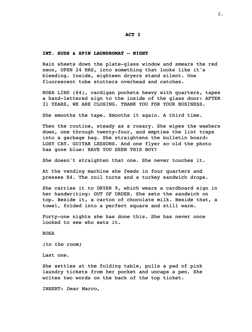 Screenplay style: a page of Night Shift in Compile Studio